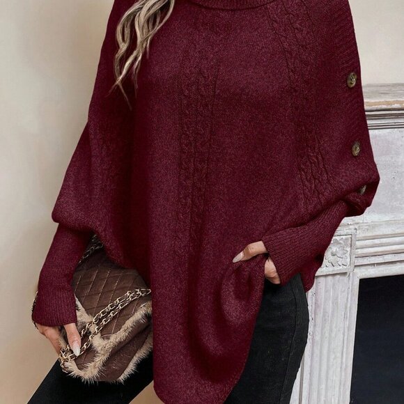 Burgundy Casual Womens Turtleneck Batwing Sleeve Button Detail Poncho Sweater - Picture 7 of 7